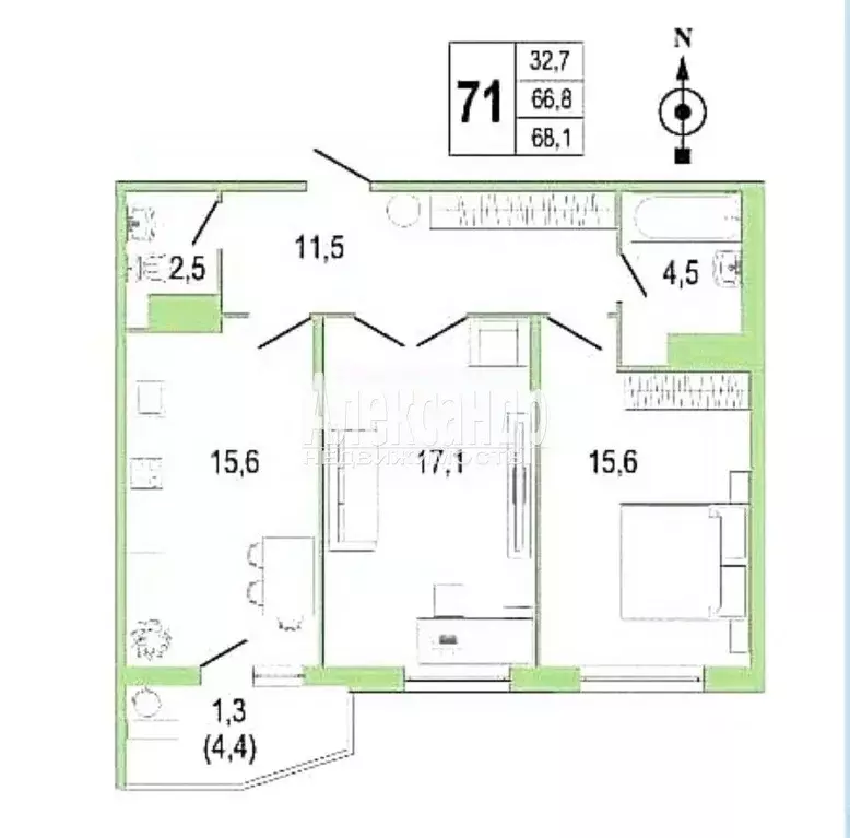 Квартира, 2 комнаты, 72 м - Фото 1