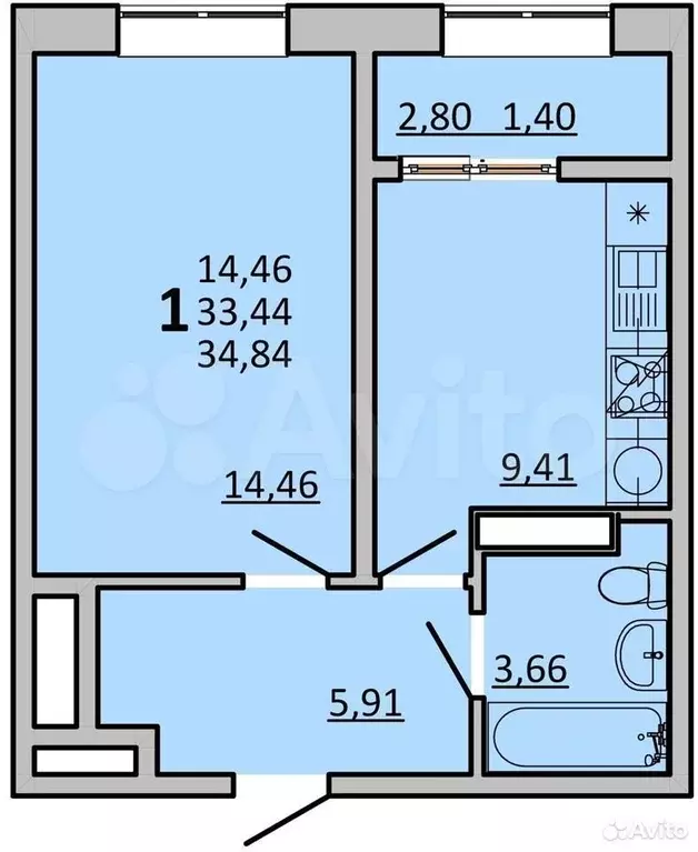 1-к. квартира, 34,8м, 8/22эт. - Фото 1