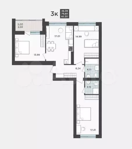 3-к. квартира, 79,8 м, 1/9 эт. - Фото 1