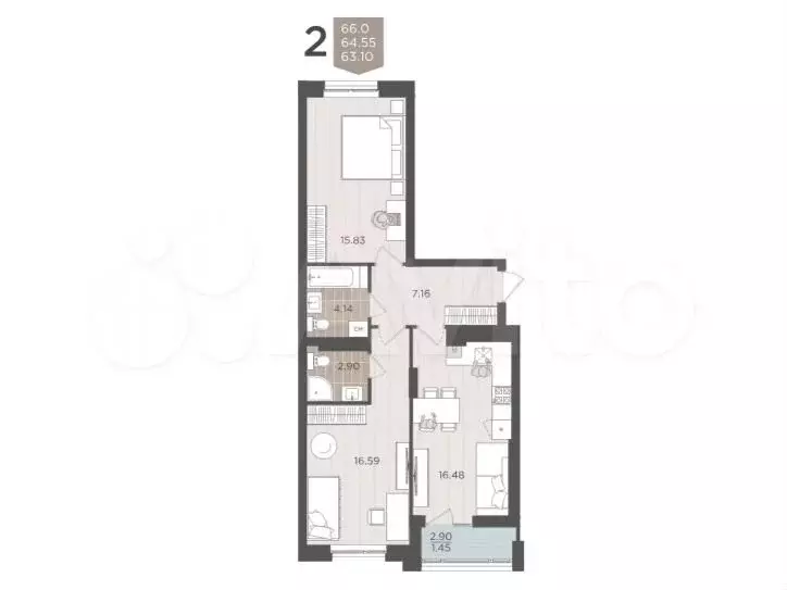 2-к. квартира, 64,6 м, 6/9 эт. - Фото 1