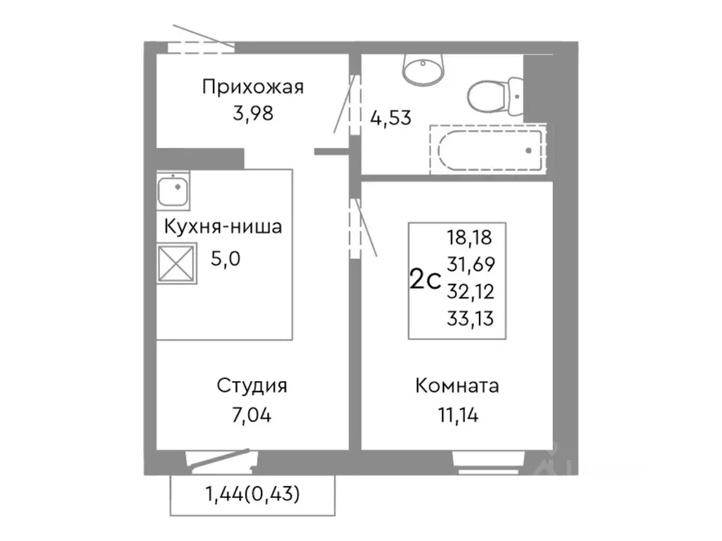 2-к кв. Челябинская область, Челябинск ул. Танкистов, 175 (32.12 м) - Фото 1