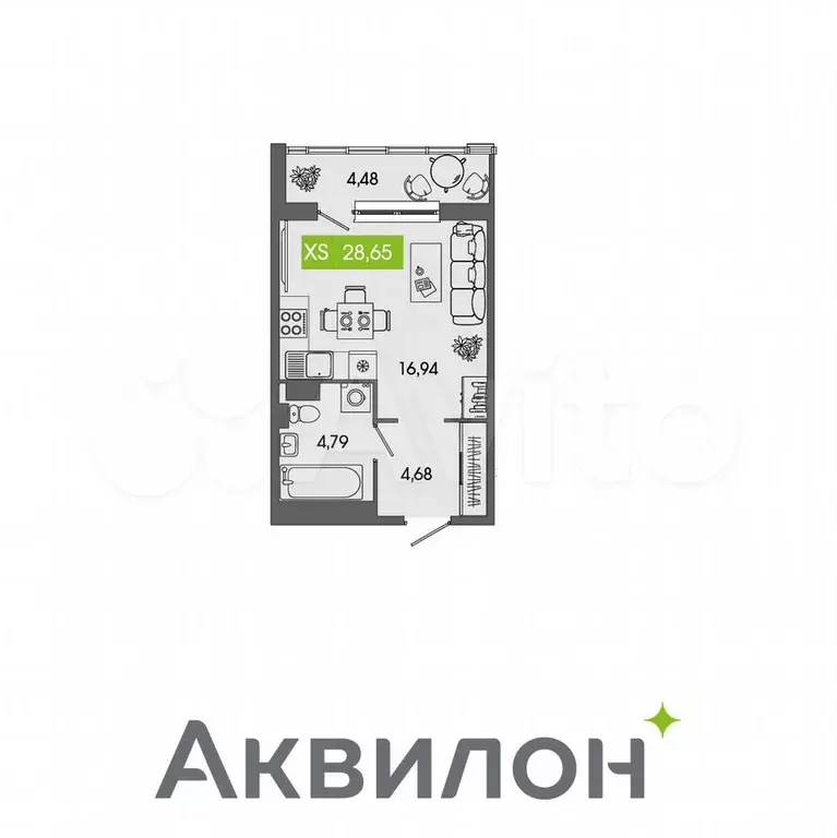 Квартира-студия, 28,7 м, 4/5 эт. - Фото 0