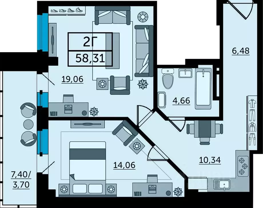 2-к кв. Ростовская область, Ростов-на-Дону Ворошиловский просп., 82/4 ... - Фото 1