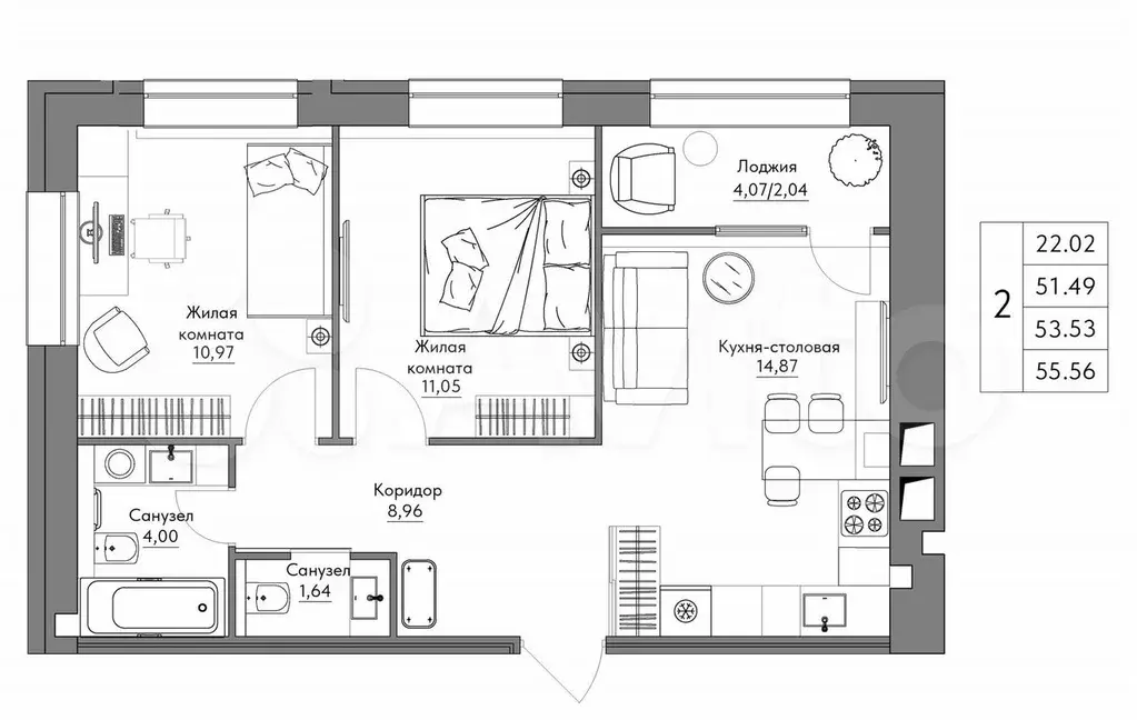 2-к. квартира, 55,6 м, 9/9 эт. - Фото 0