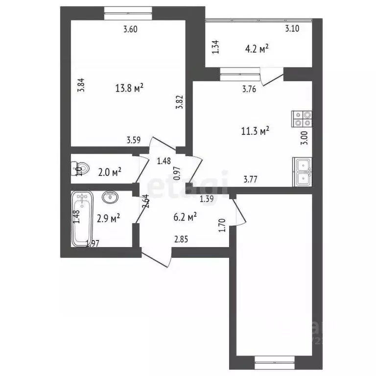 2-к кв. Башкортостан, Стерлитамак ул. Артема, 64 (53.3 м) - Фото 2