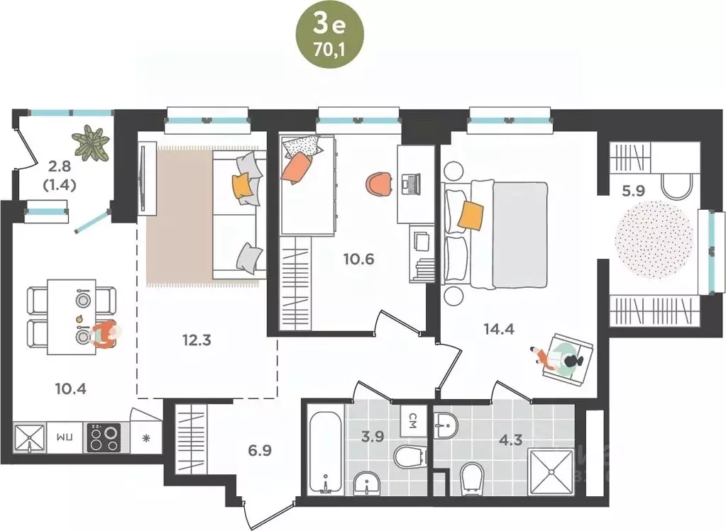 3-к кв. Пермский край, Пермь ул. Куфонина, 1 (70.1 м) - Фото 1