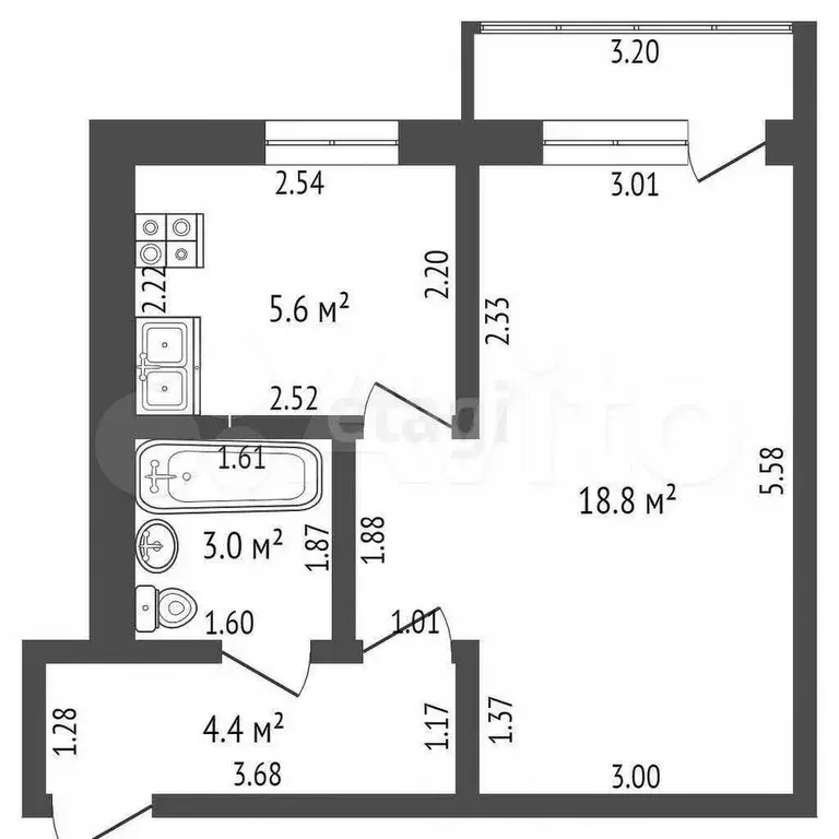 1-к. квартира, 32,6 м, 4/5 эт. - Фото 1