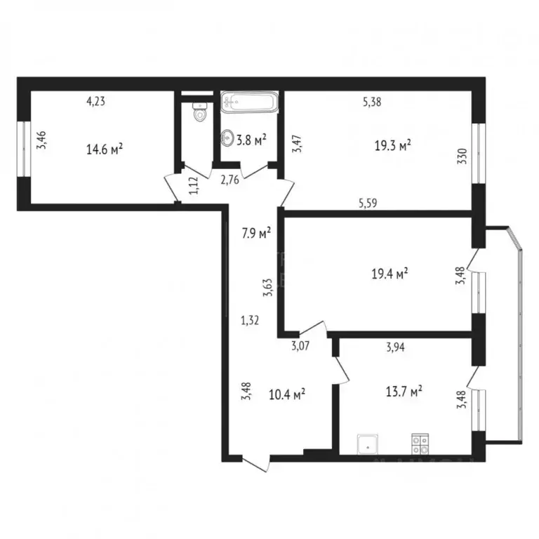 3-к кв. Тюменская область, Тюмень ул. Малыгина, 14к3 (92.6 м) - Фото 2
