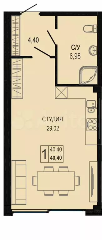 Апартаменты-студия, 42,5 м, 6/7 эт. - Фото 0