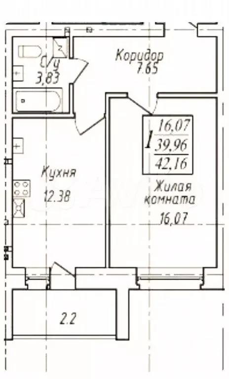 1-к. квартира, 42,2 м, 6/7 эт. - Фото 0