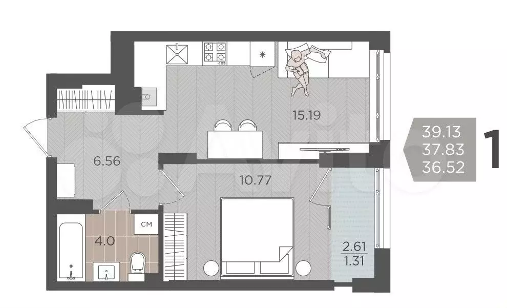 1-к. квартира, 39,1 м, 6/9 эт. - Фото 1