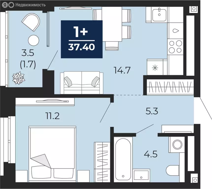 1-комнатная квартира: Тюмень, Ленинский округ (37.4 м) - Фото 1