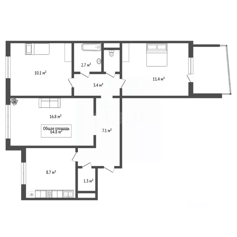 3-к кв. Новосибирская область, Новосибирск ул. Печатников, 9 (64.8 м) - Фото 2