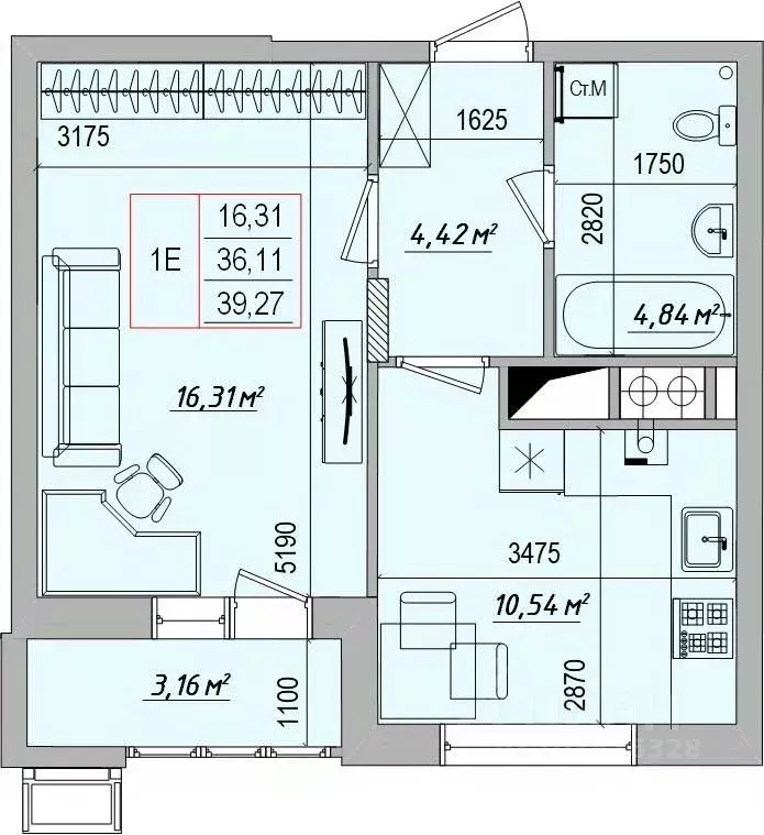 1-к кв. Белгородская область, Белгород ул. Большетроицкая, 34 (39.27 ... - Фото 1