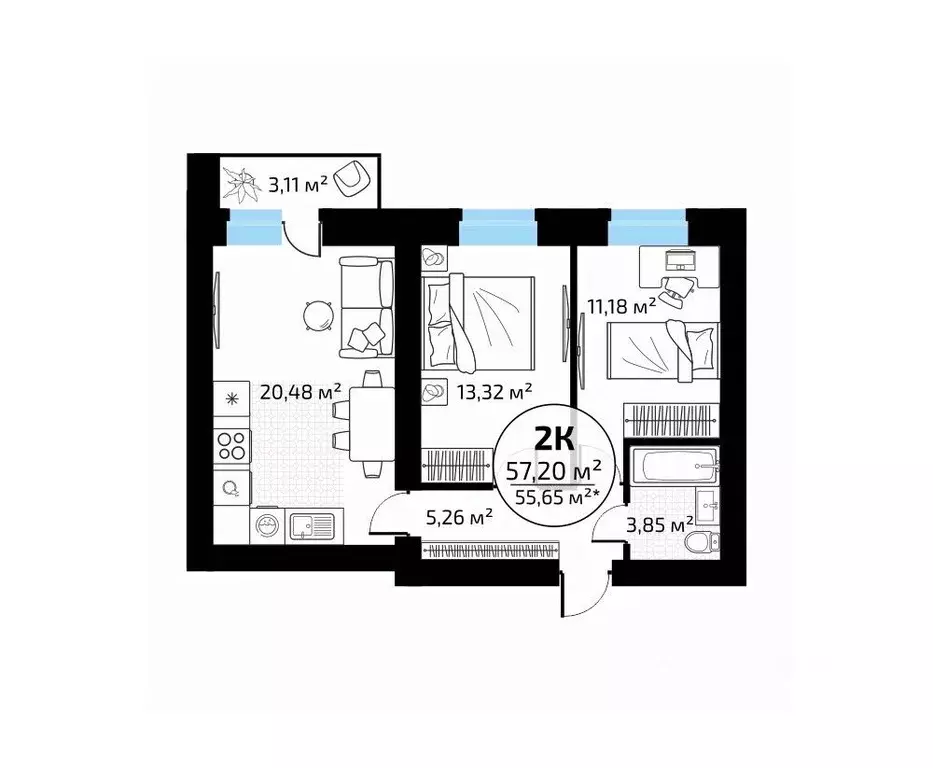 2-к кв. Самарская область, Самара пос. Мехзавод, 1-й кв-л, 50 (57.2 м) - Фото 1