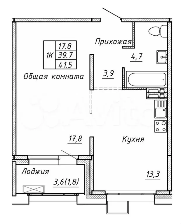 1-к. квартира, 41,5 м, 4/15 эт. - Фото 0