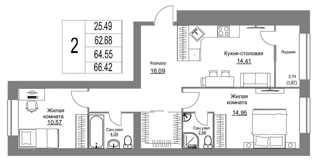 2-комнатная квартира: Калуга, жилые кварталы Острова (66.42 м) - Фото 0