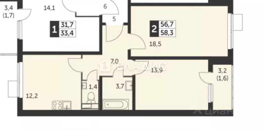 2-к кв. Московская область, Люберцы ул. Рождественская, 4 (58.3 м) - Фото 2