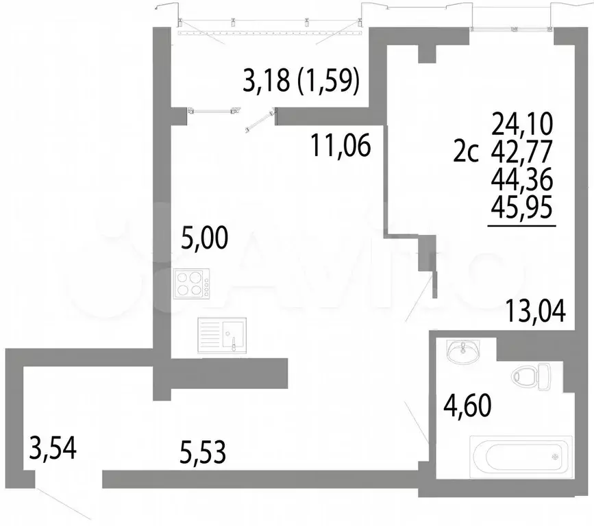 2-к. квартира, 44,4 м, 23/25 эт. - Фото 0
