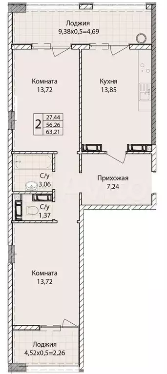 2-к. квартира, 63,2 м, 9/9 эт. - Фото 0