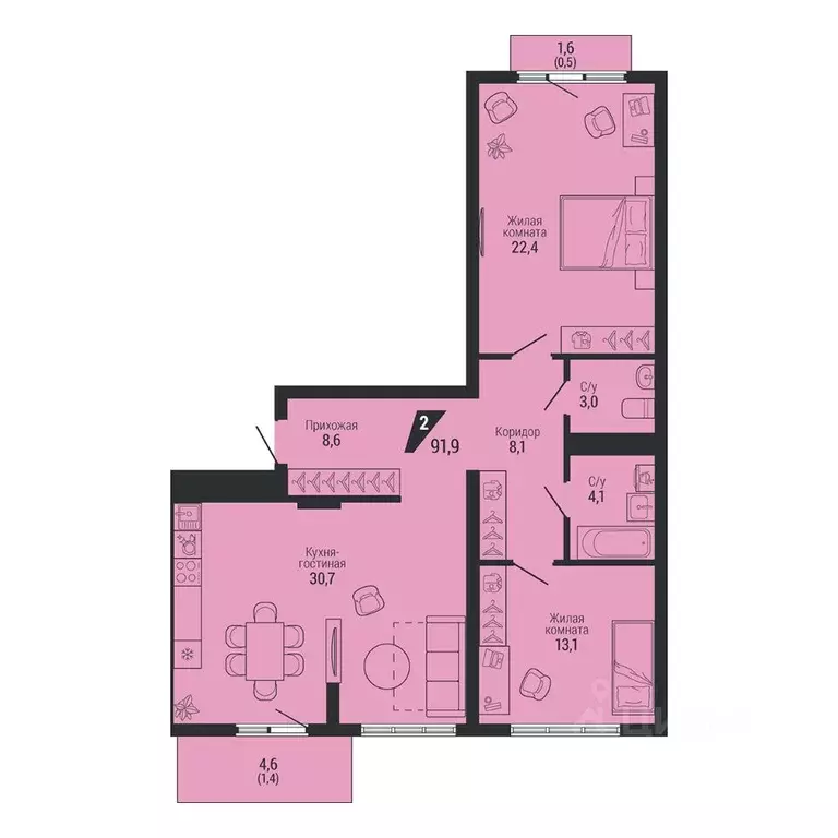 2-к кв. Свердловская область, Екатеринбург Вторчермет жилрайон,  (91.9 ... - Фото 2