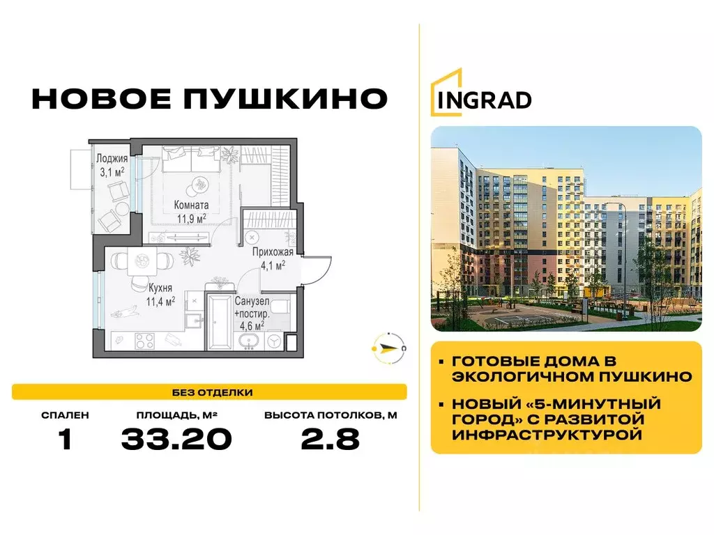 1-к кв. Московская область, Пушкино ул. Антона Ветчинова, 3к1 (33.2 м) - Фото 1