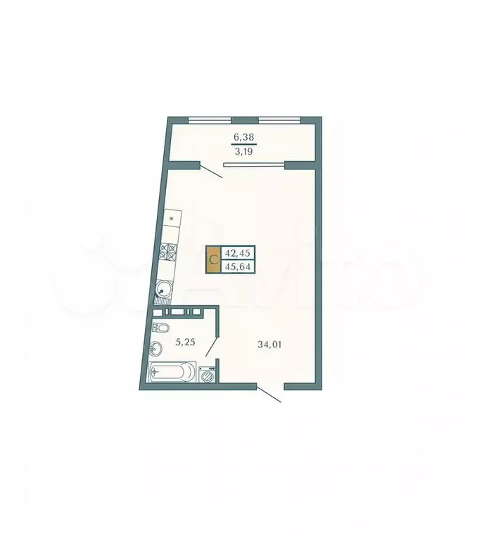 Квартира-студия, 45,6 м, 8/9 эт. - Фото 1