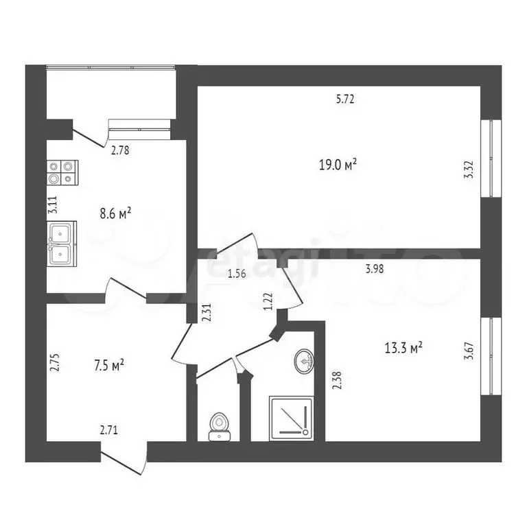 2-к. квартира, 55 м, 2/4 эт. - Фото 0