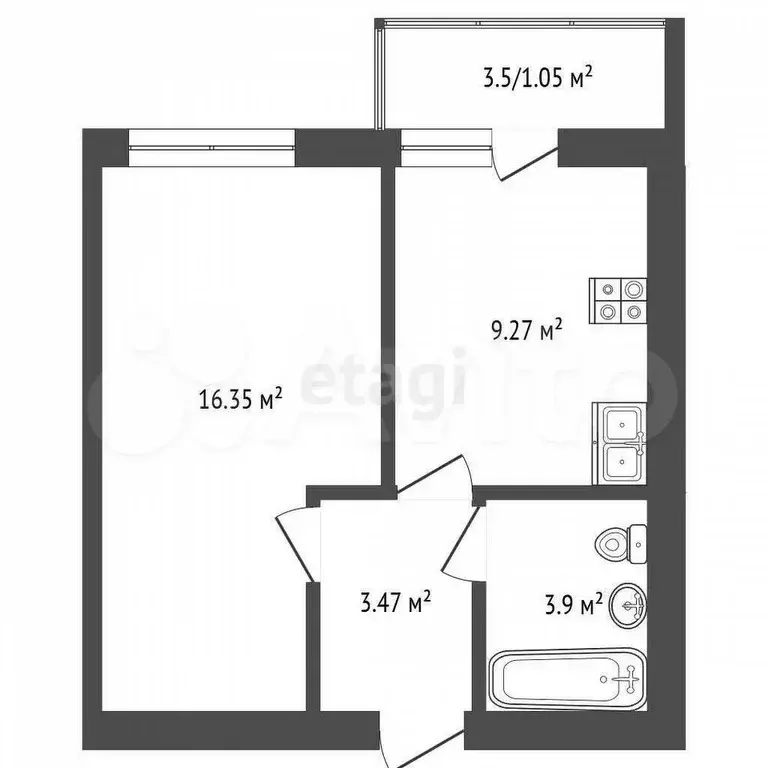 1-к. квартира, 34 м, 3/9 эт. - Фото 0