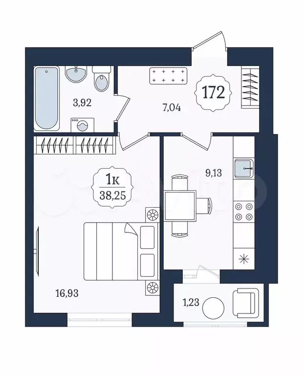 1-к. квартира, 38,3 м, 5/9 эт. - Фото 1