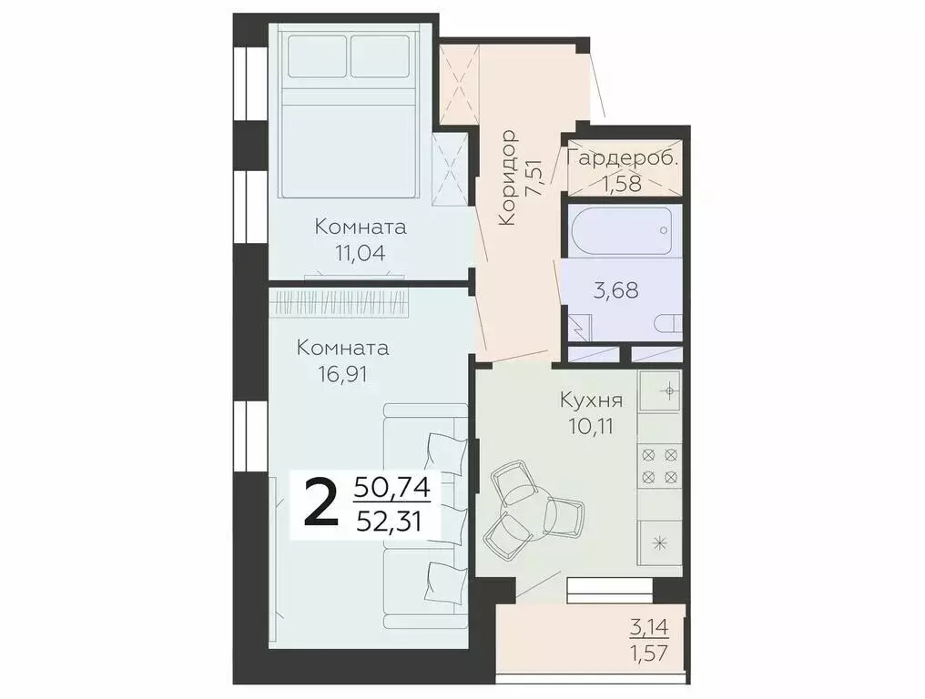 2-комнатная квартира: Воронеж, Электросигнальная улица, 9А (52.31 м) - Фото 0