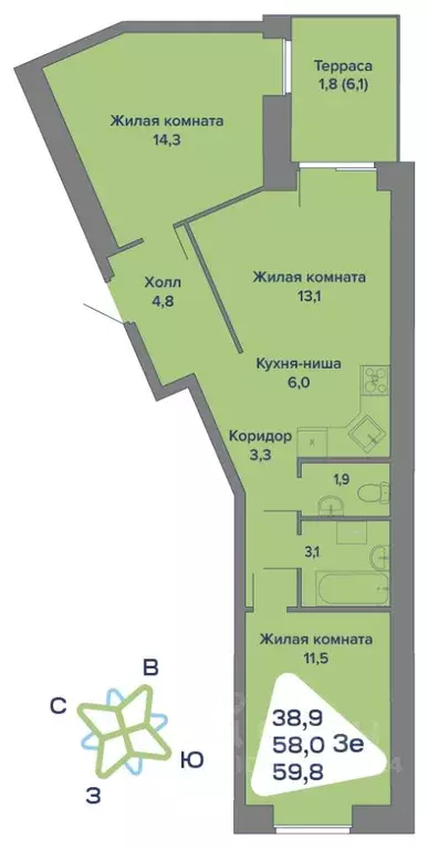 3-к кв. Пермский край, с. Култаево ул. Первоцветная, 107 (59.8 м) - Фото 0