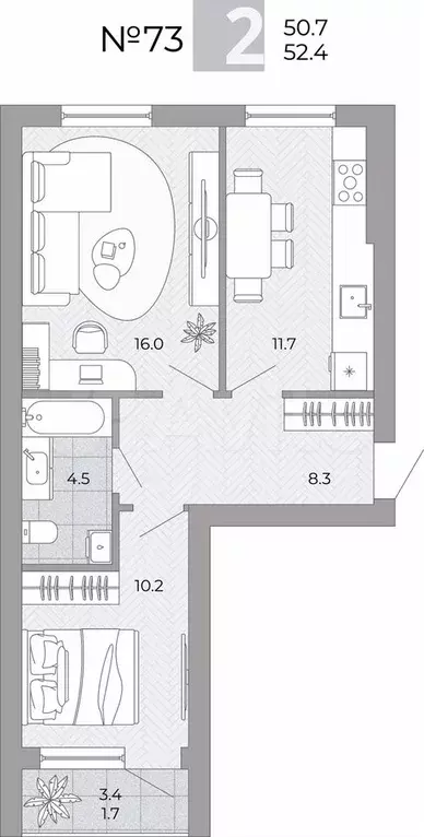 2-к. квартира, 52,4 м, 2/4 эт. - Фото 0