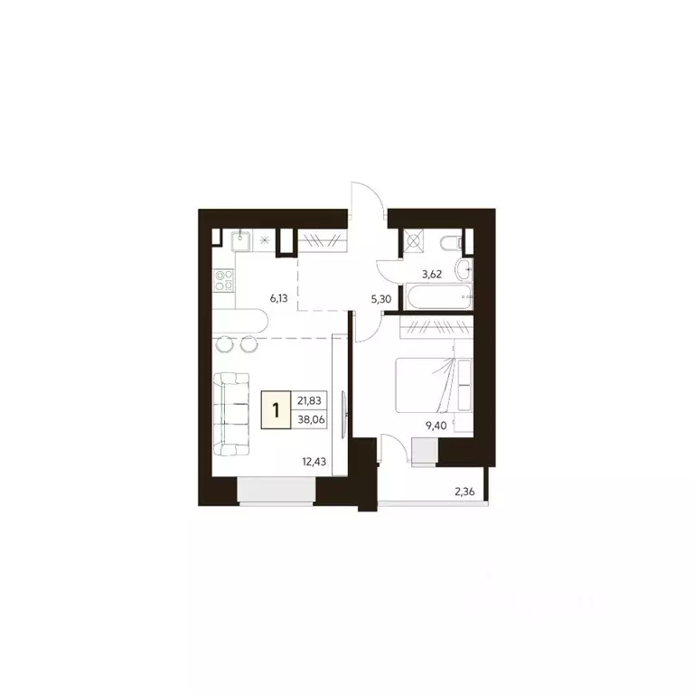 1-к кв. Башкортостан, Уфа ул. Жуковского, 19А (38.06 м) - Фото 1