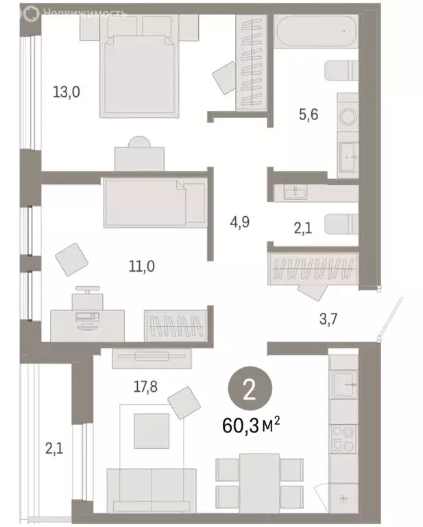 2-комнатная квартира: Тюмень, улица Республики, 205к1 (60.25 м) - Фото 2