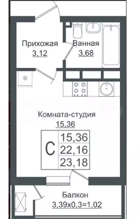 Квартира-студия, 23,1 м, 12/16 эт. - Фото 1