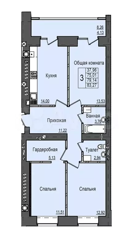 3-к. квартира, 79,1 м, 4/9 эт. - Фото 1