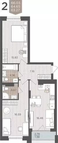 2-к. квартира, 64,7 м, 2/9 эт. - Фото 1