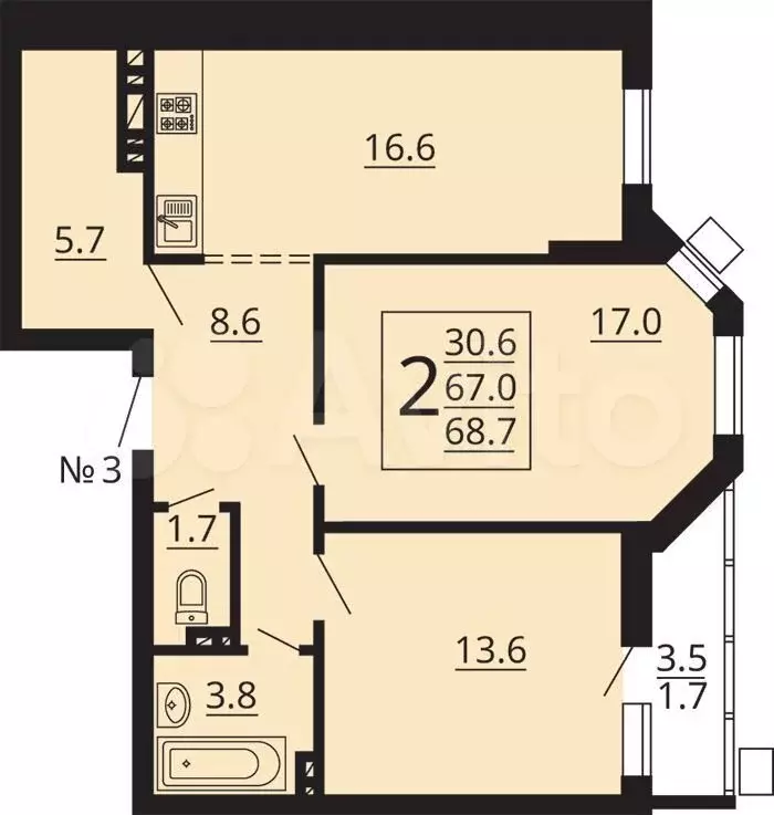 2-к. квартира, 68,7 м, 4/8 эт. - Фото 0