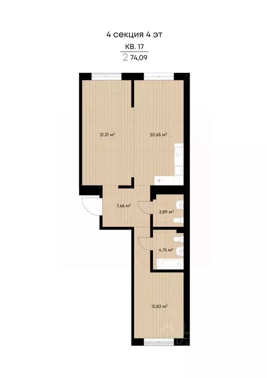 2-к кв. Иркутская область, Иркутск ул. Лебедева-Кумача, 19 (74.09 м) - Фото 1
