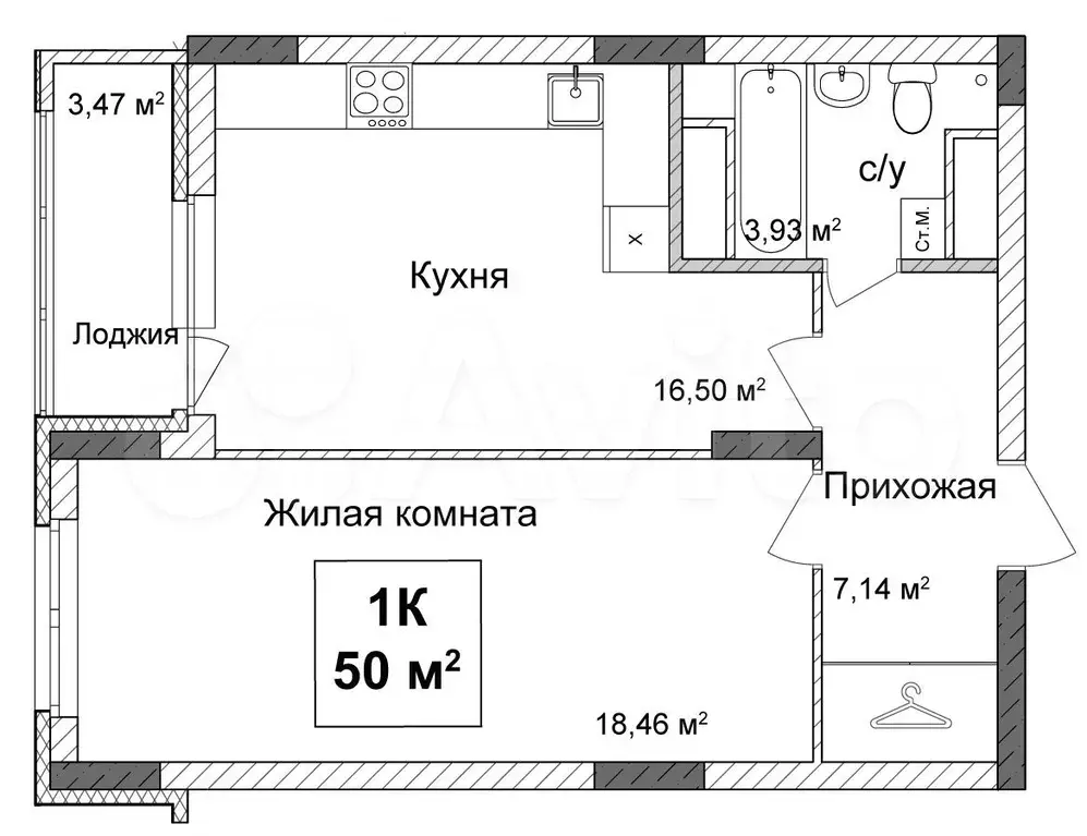 1-к. квартира, 49,9 м, 6/17 эт. - Фото 1