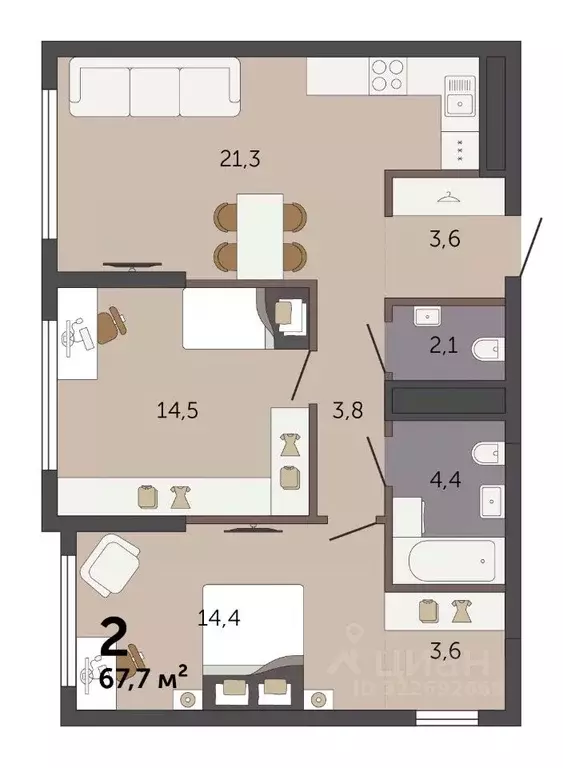 2-к кв. Свердловская область, Екатеринбург Южный жилрайон,  (67.7 м) - Фото 2