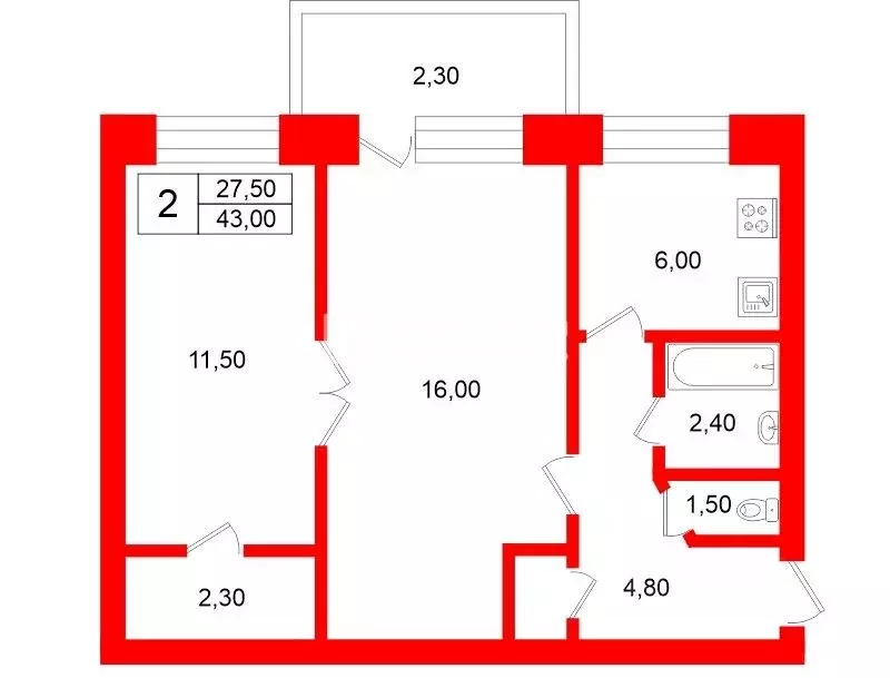 2-к кв. Санкт-Петербург ул. Пограничника Гарькавого, 26К1 (43.0 м) - Фото 2