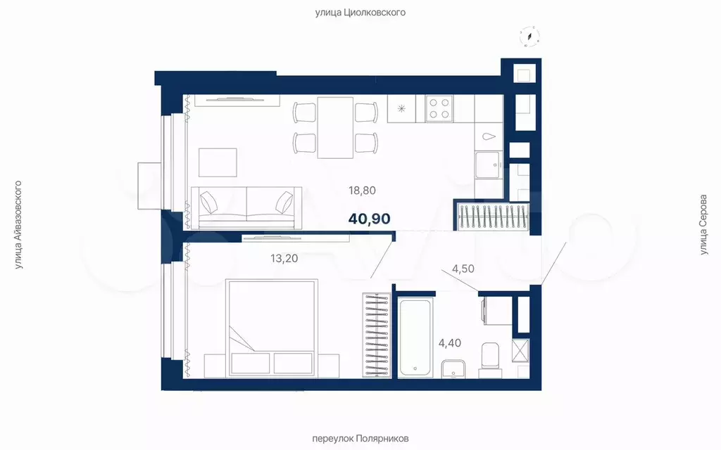1-к. квартира, 40,9 м, 8/29 эт. - Фото 0