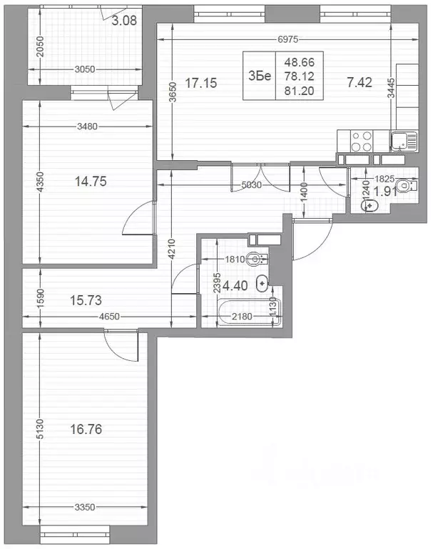 3-к кв. Татарстан, Казань ул. Петра Полушкина, 1 (81.2 м) - Фото 2