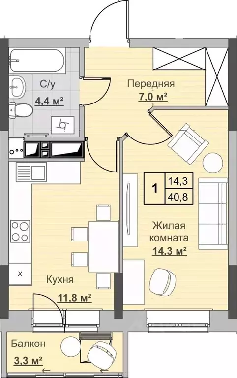 1-к кв. Удмуртия, Ижевск ул. Ухтомского (40.8 м) - Фото 0