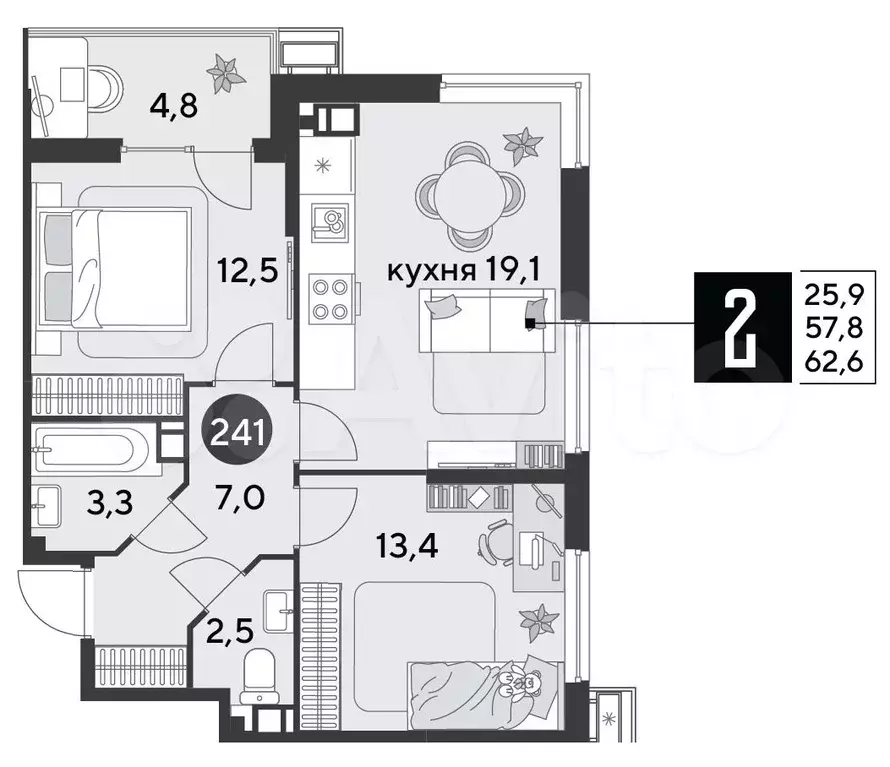 2-к. квартира, 62,6 м, 9/9 эт. - Фото 1