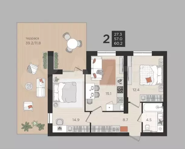 2-к. квартира, 57 м, 1/4 эт. - Фото 1