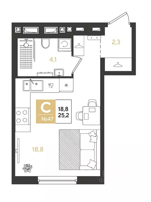 Студия Краснодарский край, Краснодар Самолет кв-л,  (25.2 м) - Фото 1