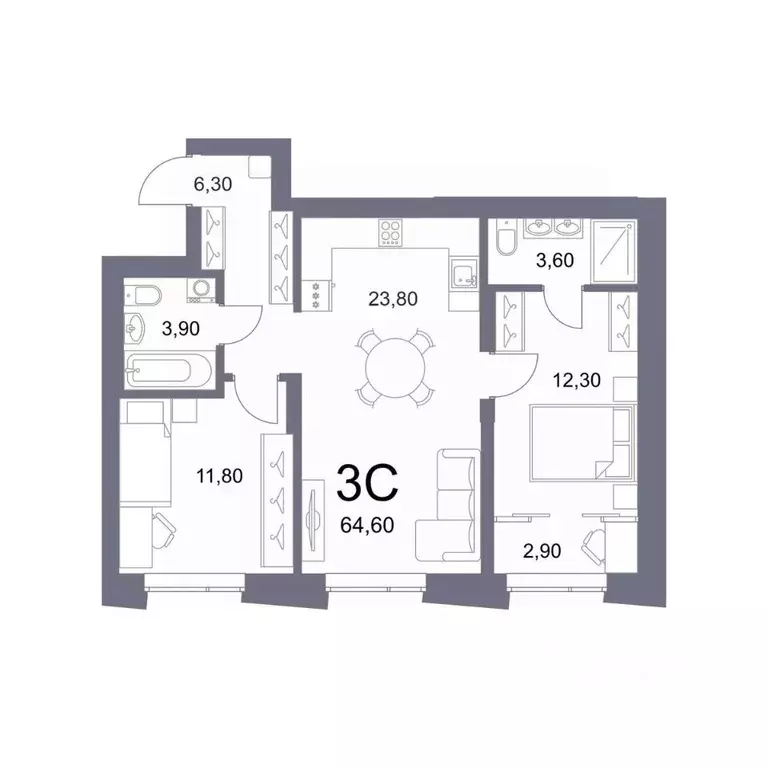 3-к кв. Новосибирская область, Новосибирск Лемонт жилой комплекс (64.6 ... - Фото 1